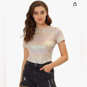 Metallic Textured Short Sleeve Shiny Multicolor Top